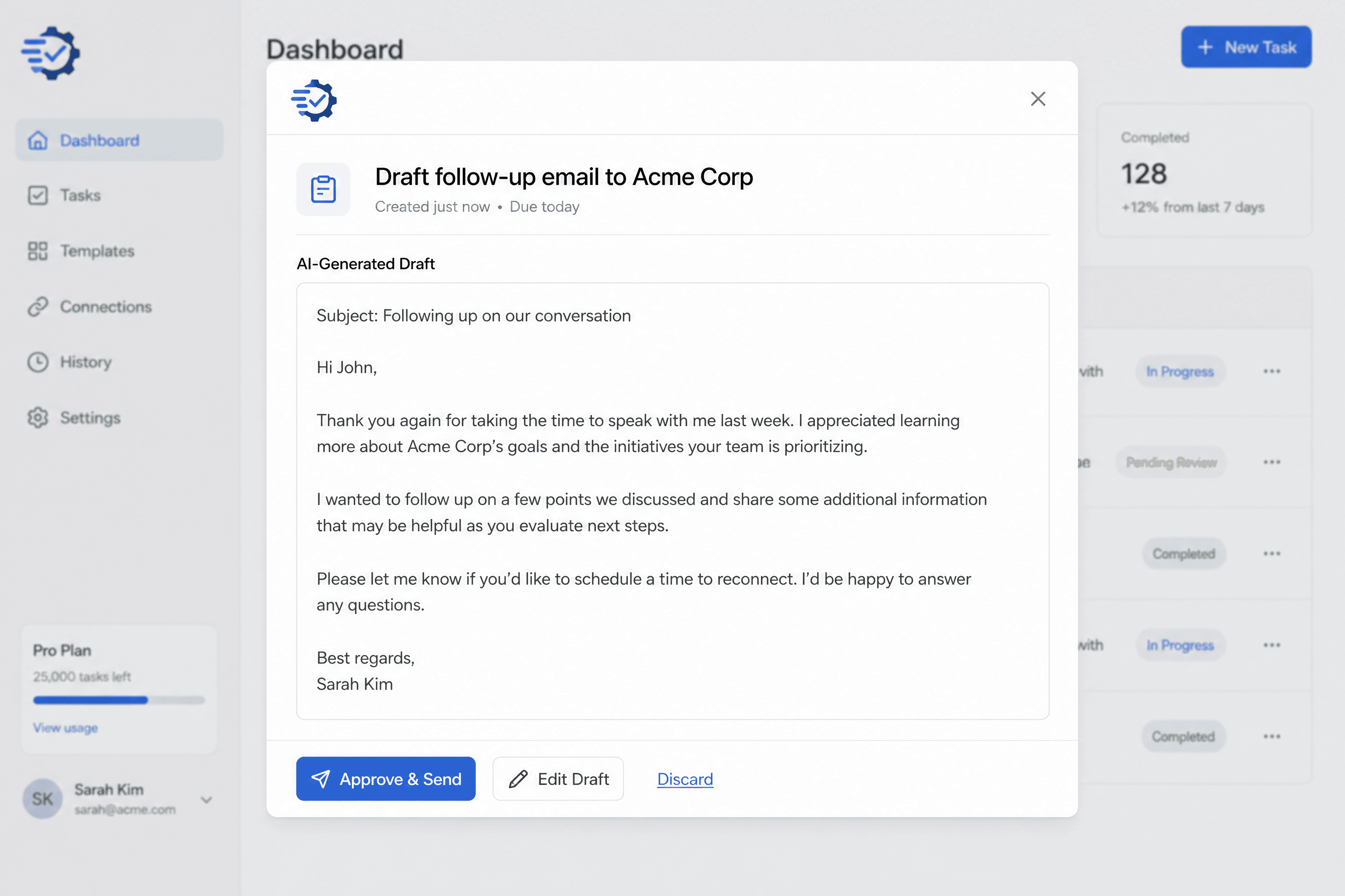Demonstration of Autotasklist's AI drafting a follow-up email, ready for user approval.