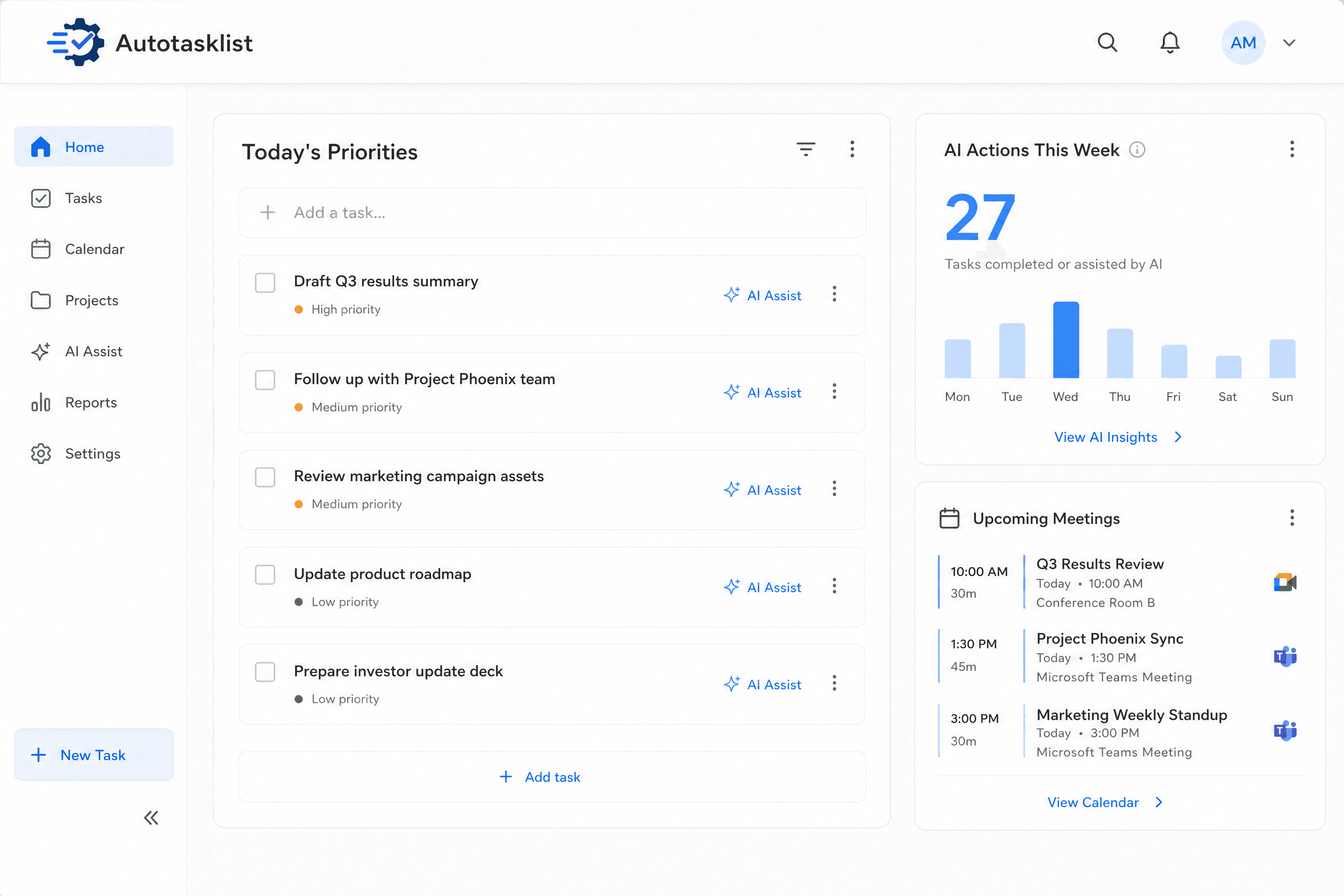 The Autotasklist dashboard showing a prioritized to-do list and AI-powered productivity insights.
